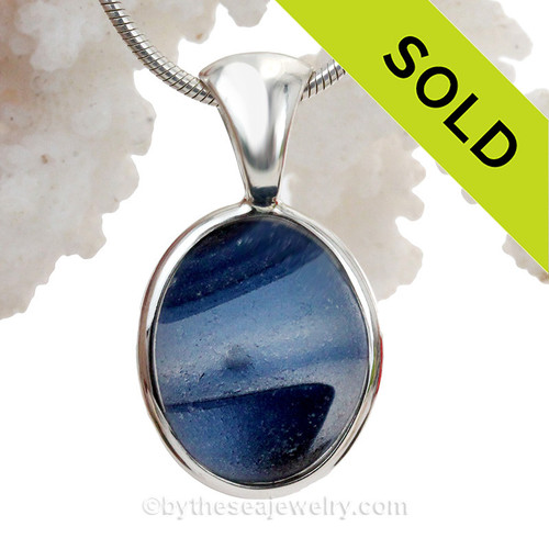 Blue Planet - LARGE and ROUND Genuine Inky Blue Beach Found Sea Glass In Deluxe Wire Bezel© Pendant