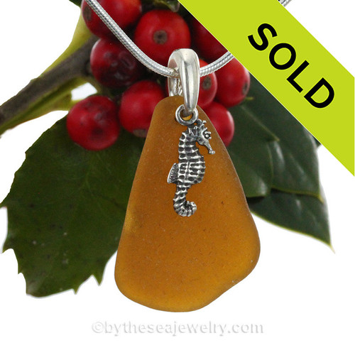 Long  Brown Sea Glass Necklace With Sterling Seahorse Charm - 18" Solid Sterling CHAIN INCLUDED