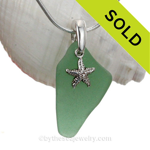  aqua green sea glass necklace with starfish charm.