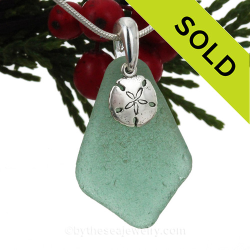 P-E-R-F-E-C-T & LARGE Aqua Green Sea Glass With Sterling Sandollar Charm - S/S CHAIN INCLUDED