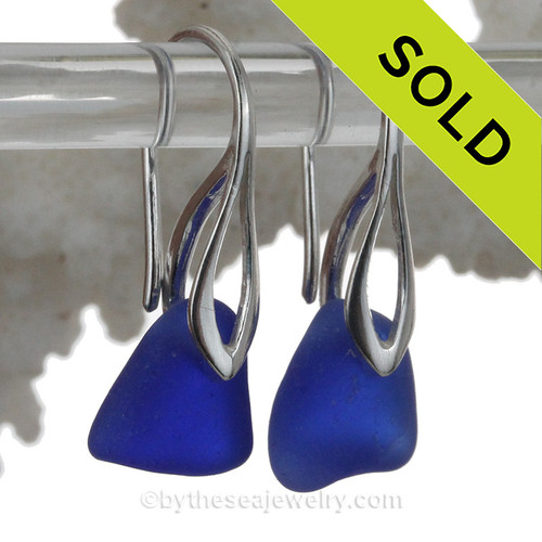 Blue Sea Glass Earrings On Silver Silver Deco Hooks