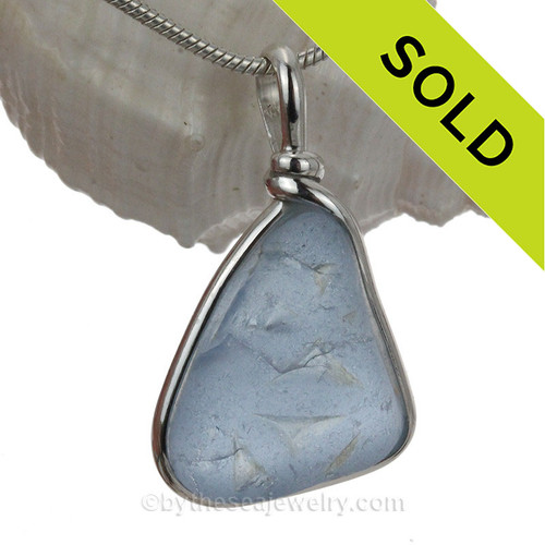 Pattern Ice Blue Natural Sea Glass In Original Sterling Silver Wire Bezel© Necklace Pendant