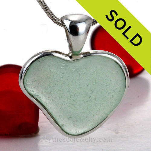 Near Perfect Seafoam Green Sea Glass Heart Pendant In Deluxe Solid Sterling Bezel© 