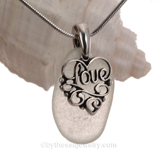 Winter White Sea Green Sea Glass Necklace With Sterling Heart LOVE Charm