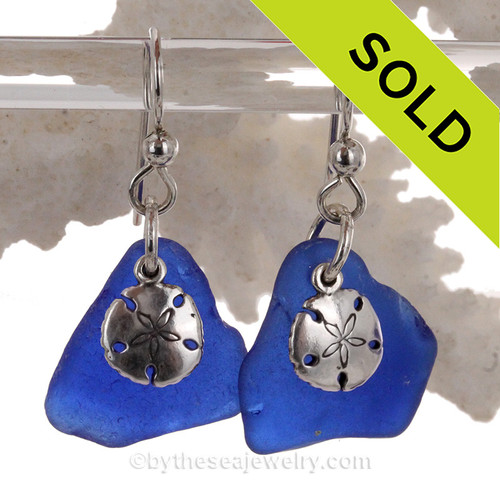 Blue Sea Glass Earrings With Sterling Silver Sand dollar Charms.