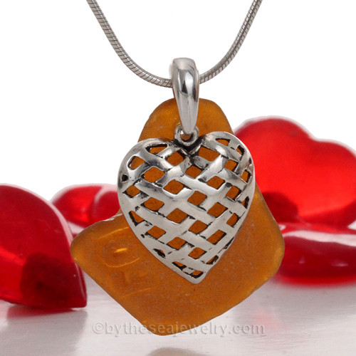 Amber Sea Glass Necklace W/ Hearts in Heart Charm