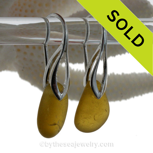 Vivid Thick Citron Green on Solid Sterling Silver Deco Hook Earrings
