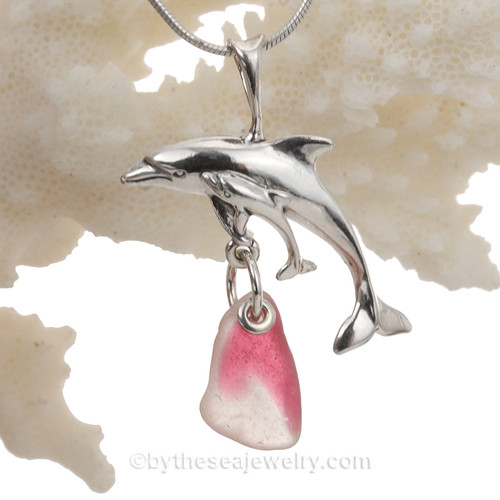 Mother and Child - Pink Flashed Sea Glass With Sterling Silver Dolphins Pendant- 18" STERLING CHAIN INCLUDED