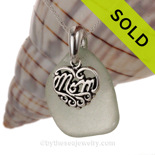 For Mom - Pale Sea Green Sea Glass Necklace With Sterling Mom Charm - S/S CHAIN INCLUDED