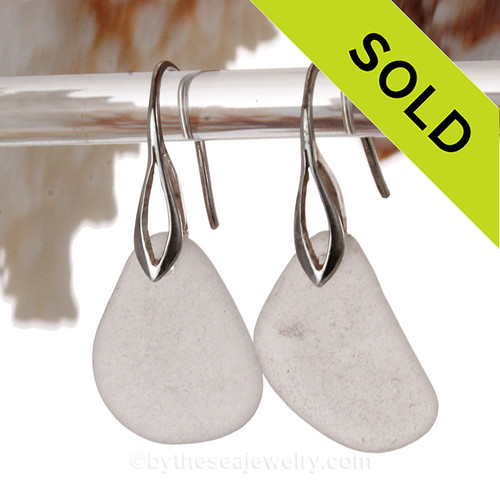 LARGE Pure White Genuine Sea Glass Earrings On Silver Silver Deco Hooks