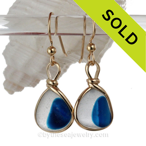 LARGE Mixed Aqua Blue Sterling English Multi Sea Glass Earrings In 14K G/F Original Wire Bezel© 