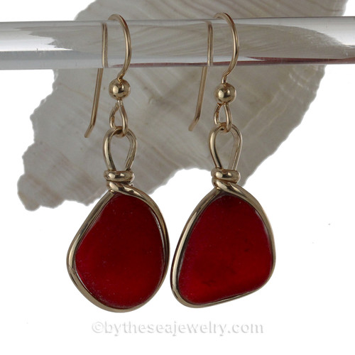Red Genuine Sea Glass Earrings In 14K 