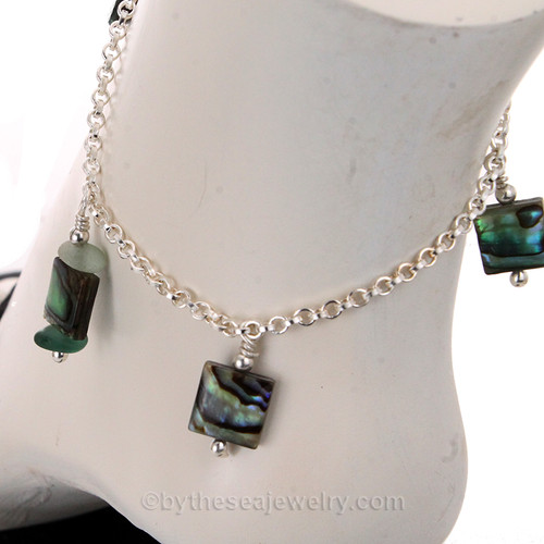 Green sea glass dangle with abalone anklet.