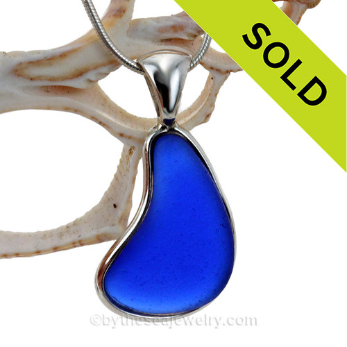 Curvy Cobalt Blue Sea Glass Pendant In Deluxe Wire Bezel© In Sterling