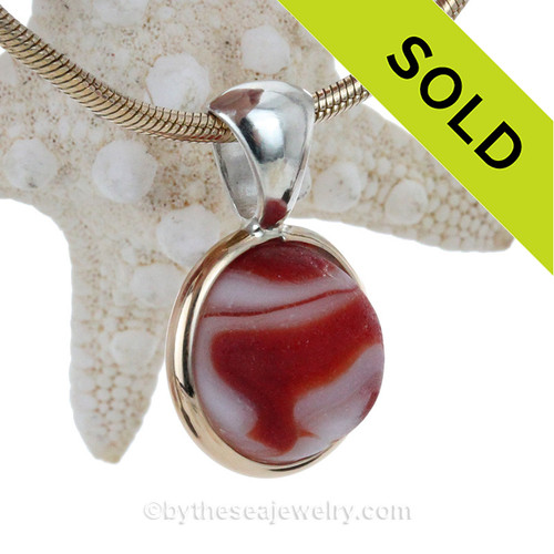 Orange Red and White Sea Glass Marble in Pendant
