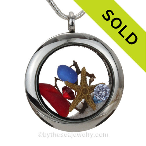 Genuine Red and Blue Beach Found Sea Glass Locket