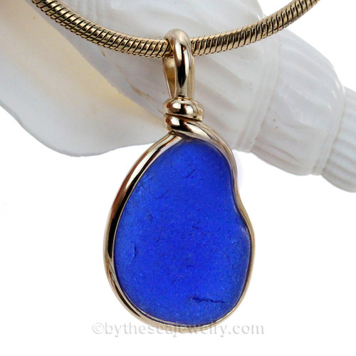 Blue Sea Glass In Original Gold Wire Bezel© Pendant for Necklace
