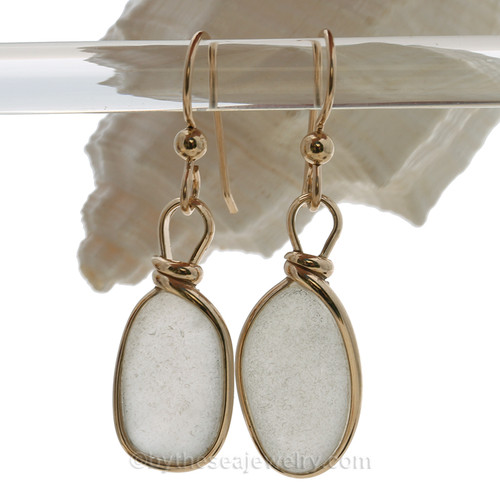White Sea Glass Earrings In Goldfilled Wire Bezel 
