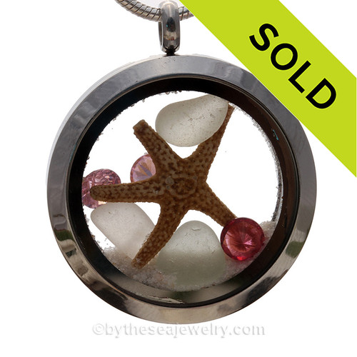 White Genuine Sea Glass Locket With Tourmaline Gemstones - October Birthstone 