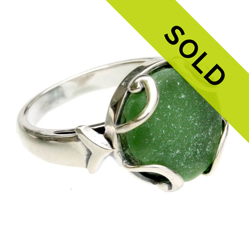 Seaweed Green Domed Sea Glass Piece Sterling Ring - Size 7 