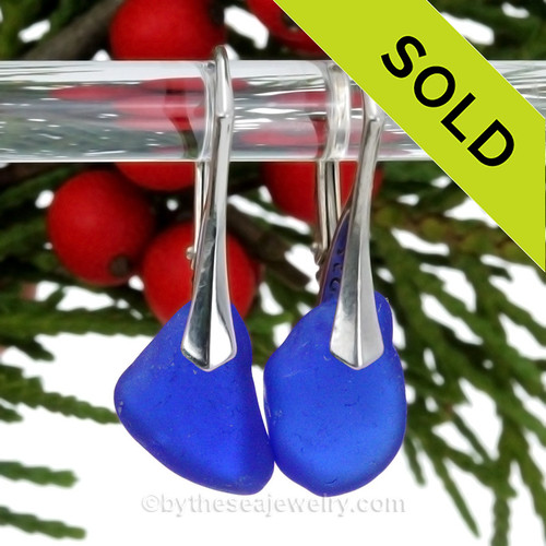 Light weight Blue Genuine Sea Glass Earrings On Solid Sterling Silver Leverbacks