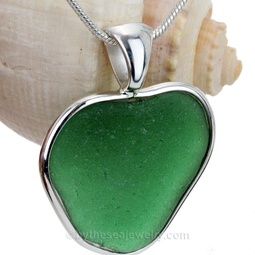 Perfect Large Green Natural Sea Glass Heart Pendant In Deluxe Sterling Bezel©