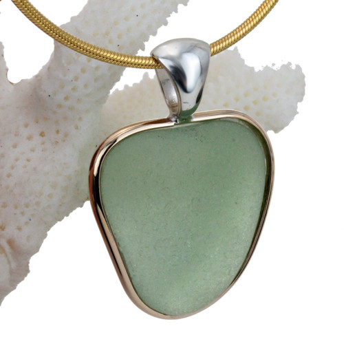 A stunning thick and frosty HUGE Seafoam Green NATURAL found sea glass heart in our deluxe wire bezel pendant setting! 