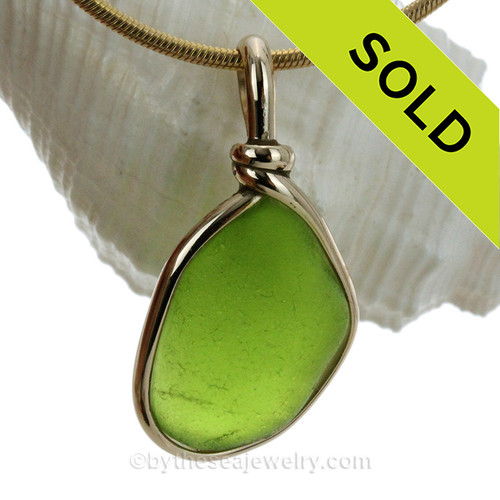 Simple Lime Green Sea Glass In Original 14K Goldfilled Wire Bezel© Necklace Pendant