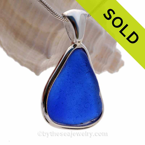 Blue Natural Sea Glass In Deluxe Sterling Bezel© Necklace Pendant 