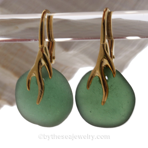 Green Sea Glass Earrings on 24K Gold Vermeil Branch Earrings