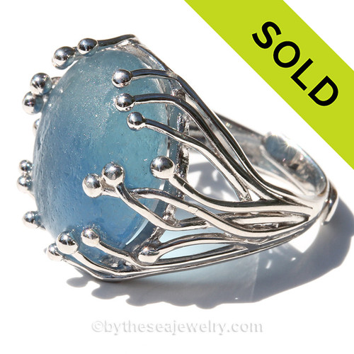 Medium Blue English Sea Glass Anemone Ring In Sterling - Adjustable 