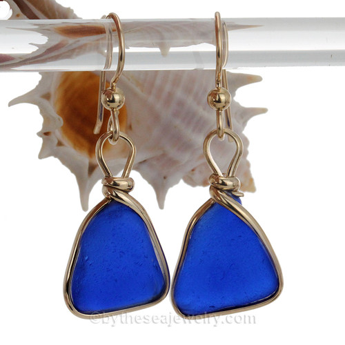 Triangles of Beach found Blue Genuine Natural Sea Glass Earrings in 14K Goldfilled Original Wire Bezel©