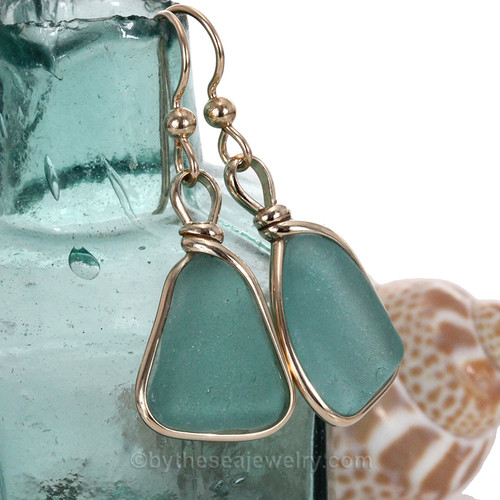 Tropical Aqua Green Sea Glass Earrings In Goldfilled Wire Bezel© 
