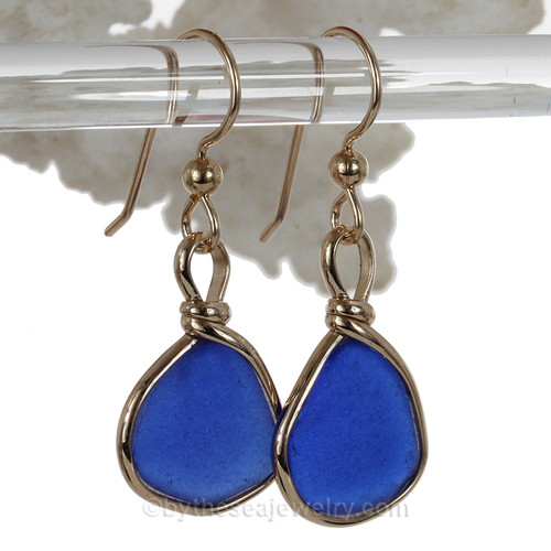 Lightweight Beach found Blue Genuine Natural Sea Glass Earrings in 14K Goldfilled Original Wire Bezel©