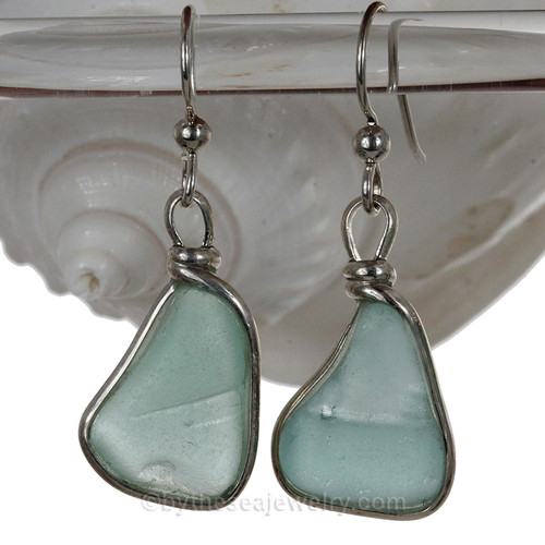 Aqua Blue Genuine Sea Glass Earrings In Solid Sterling Original Bezel©