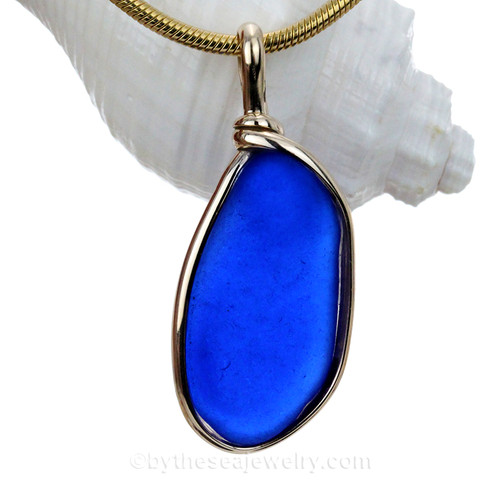 Blue Cobalt Sea Glass In Original Gold Wire Bezel© Pendant