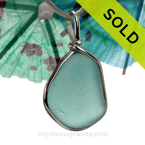 LARGE Aqua Blue Genuine Sea Glass Pendant In Solid Sterling Silver Original  Wire Bezel©