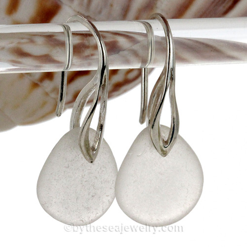 Roundish White Sea Glass Earrings On Silver Silver Deco Hooks