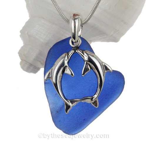 Kissing Dolphins Sterling Silver Necklace with LARGE Vivid Blue Sea Glass - 18" STERLING CHAIN INCLUDED