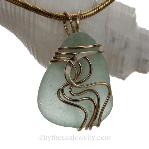 Seafoam Green Sea Glass In Gold Waves Setting Pendant