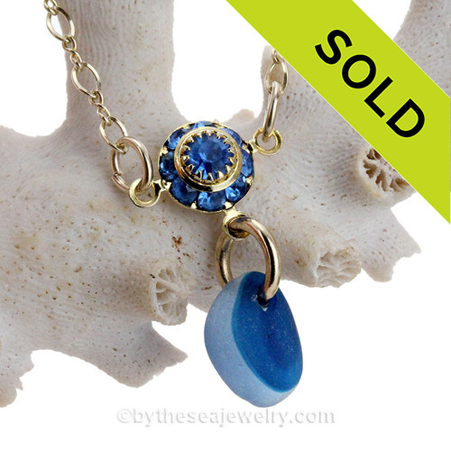 Long Electric Blue Seaham Sea Glass Gold Necklace with Swarovski Crystals.