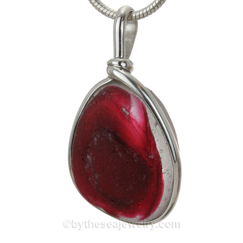 HUGE Cranberry English Sea Glass Pendant In Sterling Silver Original Wire Bezel©