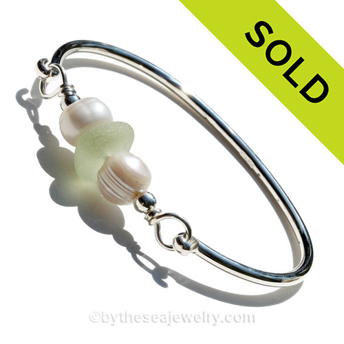 seafoam Green English Sea Glass With Large Pearls Premium Bangle