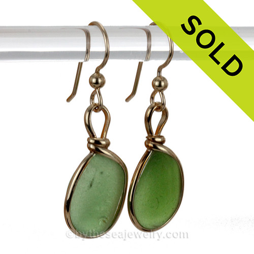 Green Sea Glass Earrings In gold Bezel