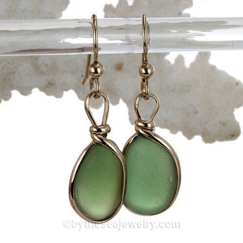 Soft Green Sea Glass In Original Wire Bezel Earrings In 14K Rolled Gold 