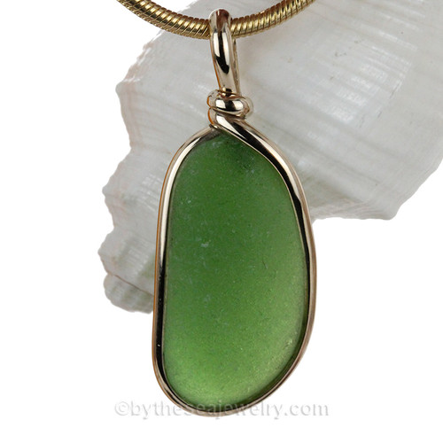 Long Green Sea Glass Pendant In Gold Original Wire Bezel© Pendant