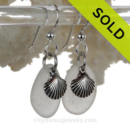 Sea Glass Earrings In Pure White on Sterling Silver With Sterling Shell Charms