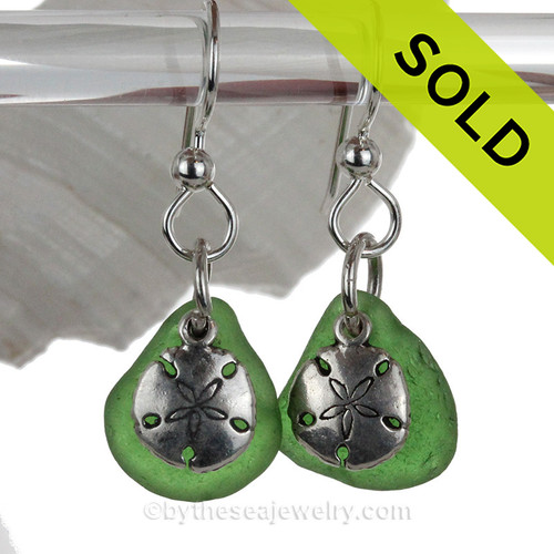Vivid Green Sea Glass W/ Solid Sterling Silver Sandollar Charms