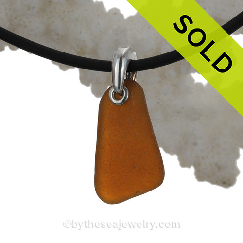 Amber Brown Sea Glass Necklace On Black Neoprene Cord