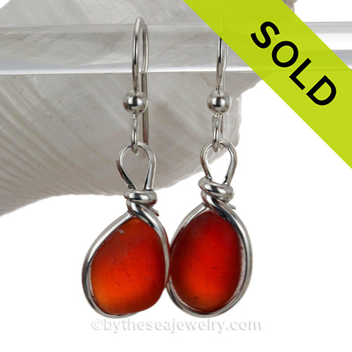 Petite Orange Red Sea Glass Earrings